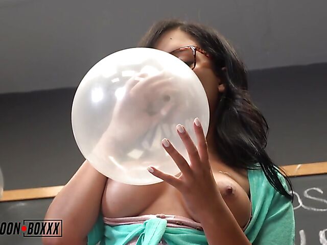Alina Belle - Exotic babe with glasses solo balloon blowing in the classroom