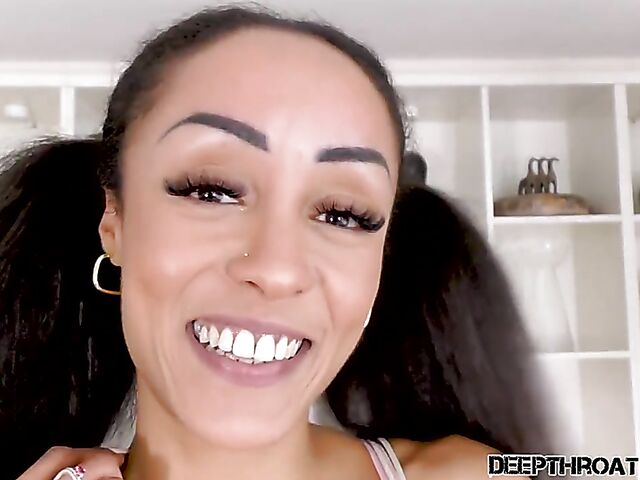 Proper deep throat on the table with round titty ebony Alyssa Divine