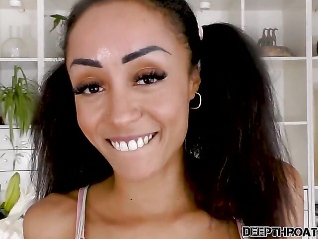 Proper deep throat on the table with round titty ebony Alyssa Divine