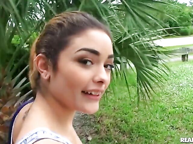 Car POV with cute shaved slut Sophia Ducati