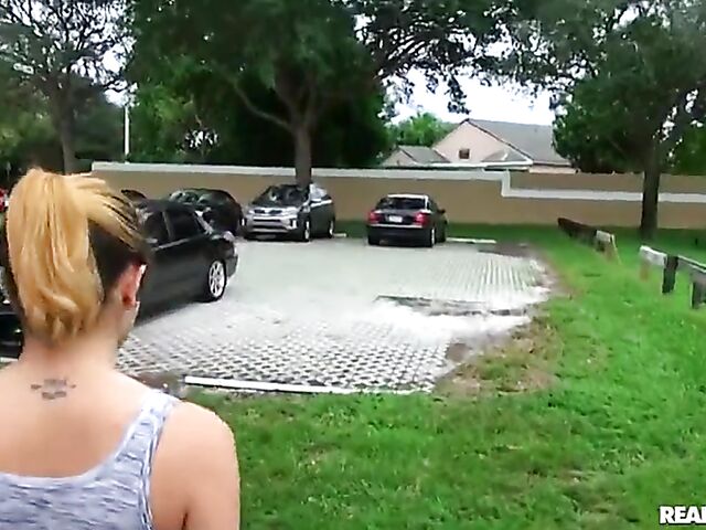 Car POV with cute shaved slut Sophia Ducati