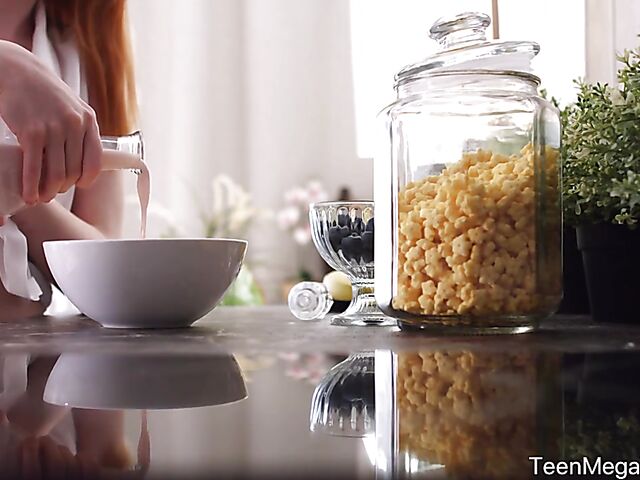 Skinny redhead teen Lottie Magne shares a hard dick with Sally Sun