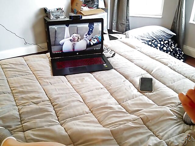 Busty milf Casca Akashova fingering herself while watching Lilly Bell's masturbation camshow