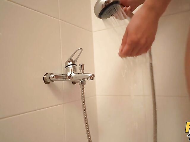 Roommate watches Billie Star dildo herself in the shower and fucks her twat in the hostel