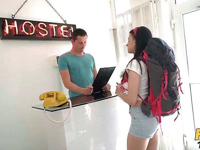 Roommate watches Billie Star dildo herself in the shower and fucks her twat in the hostel