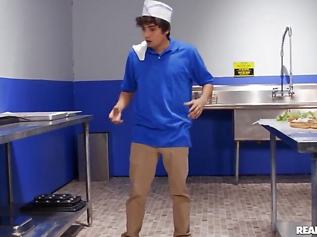 Linzee Ryder - Big tit MILF and boy fuck in the restaurant kitchen