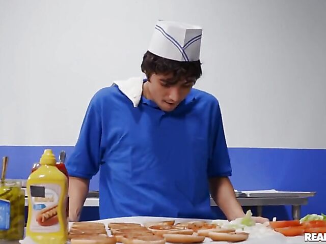 Linzee Ryder - Big tit MILF and boy fuck in the restaurant kitchen