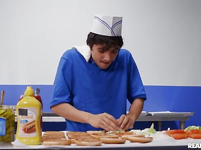 Linzee Ryder - Big tit MILF and boy fuck in the restaurant kitchen