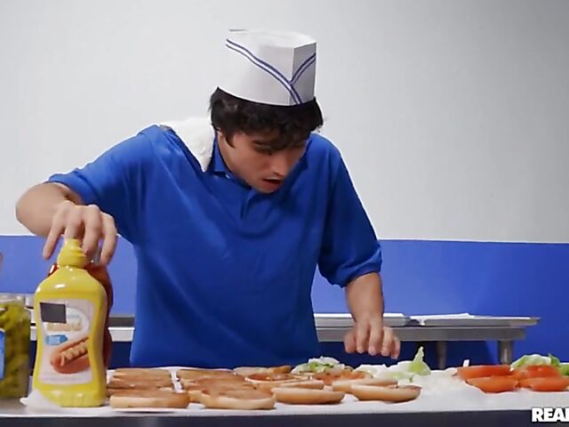 Linzee Ryder - Big tit MILF and boy fuck in the restaurant kitchen