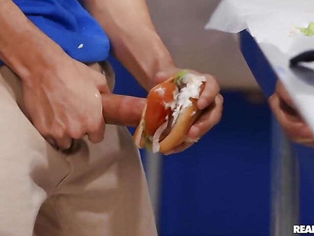 Linzee Ryder - Big tit MILF and boy fuck in the restaurant kitchen