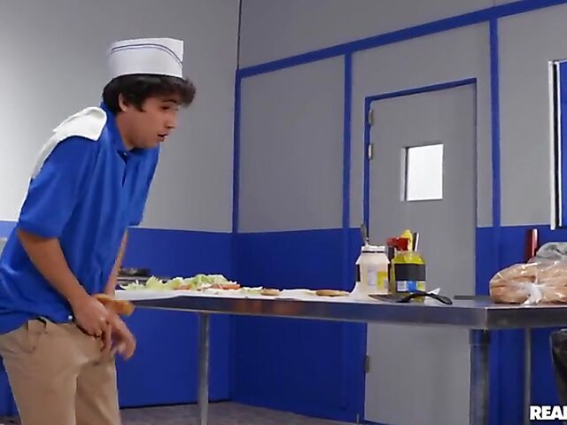 Linzee Ryder - Big tit MILF and boy fuck in the restaurant kitchen