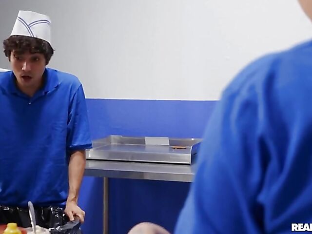 Linzee Ryder - Big tit MILF and boy fuck in the restaurant kitchen