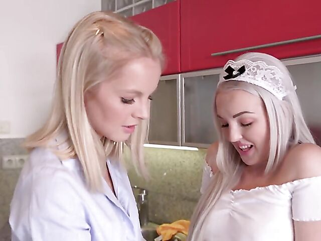 Kitchen threesome with two blondes Lovita Fate and Rose Delight