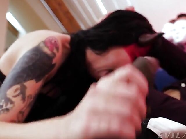 Devil girl in lace lingerie Charlotte Sartre is back for a gang bang with double anal