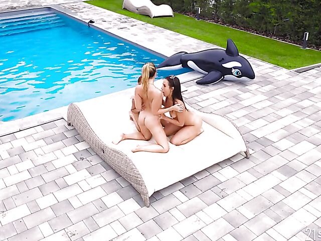 Outdoor lesbian strapon threesome by the pool with Veronica Leal, Anastasia Brokelyn and Mona Blue