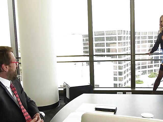 Big titted MILF secretary Sarah Jessie wants her old boss to fuck her pierced cunt