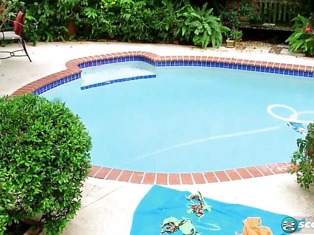 Big tits bikini change by the pool and masturbation with chubby Alana Lace