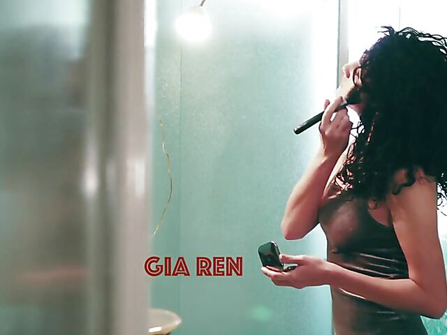 Gia Ren - Curly brunette solo with her fingers between her legs