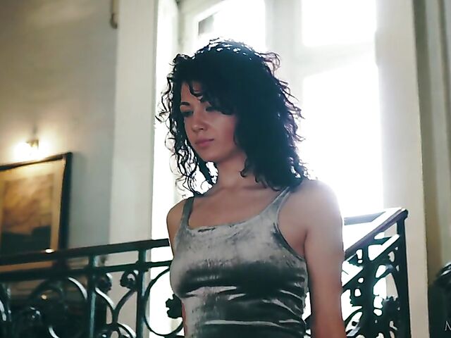 Gia Ren - Curly brunette solo with her fingers between her legs