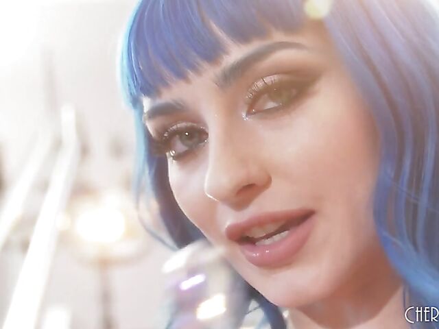 Blue hair, sexy lingerie and a glass dildo in Jewelz Blu's pussy