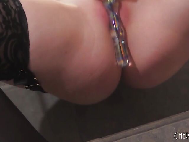 Blue hair, sexy lingerie and a glass dildo in Jewelz Blu's pussy