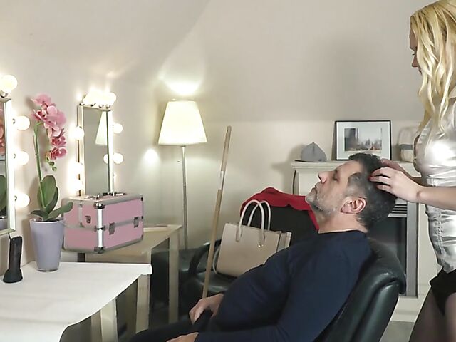 Fat old man and teen Rebecca Lee fuck in a chair