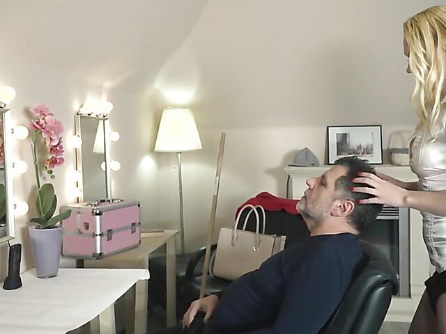 Fat old man and teen Rebecca Lee fuck in a chair