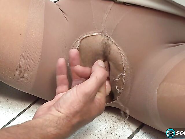 Pantyhose feet worship and sex on the floor in the restroom with Brandon Jes