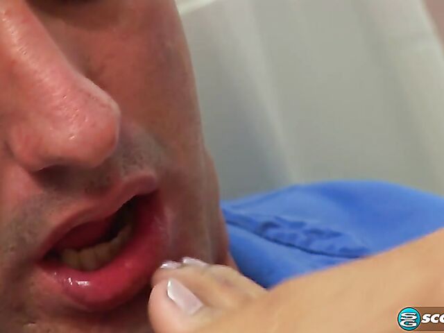 Pantyhose feet worship and sex on the floor in the restroom with Brandon Jes