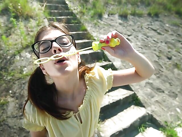 Petite nerd teen Sara Bell gets wet and takes a hard dick