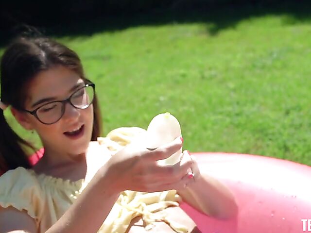 Petite nerd teen Sara Bell gets wet and takes a hard dick