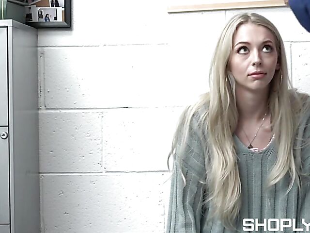 Blonde shoplifter Lily Larimar convinced to fuck her way out of trouble