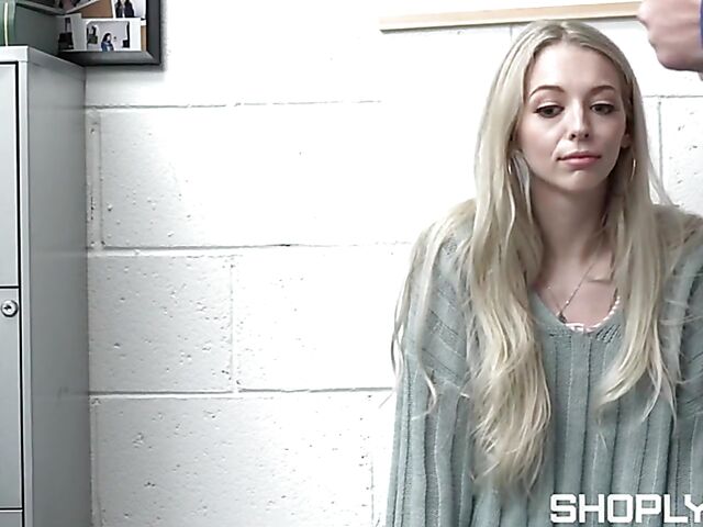 Blonde shoplifter Lily Larimar convinced to fuck her way out of trouble