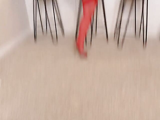 Red stockings MILF Candy Ravishing rubs her clit in the kitchen