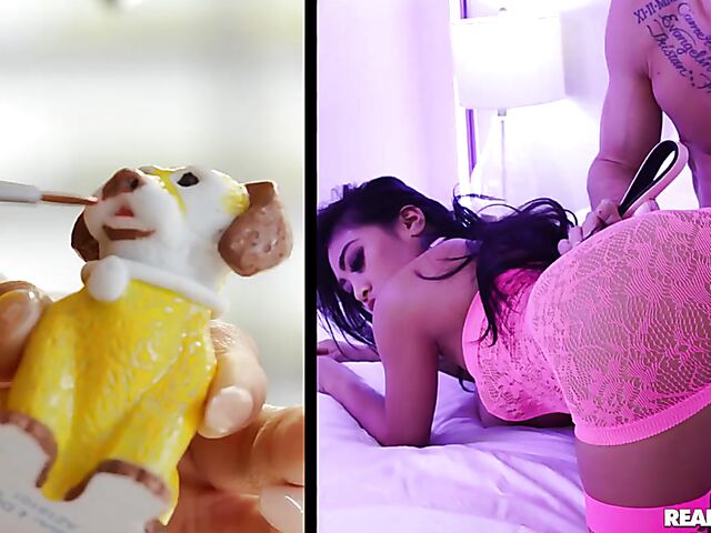 Leash and fishnets sex with submissive asian Ember Snow