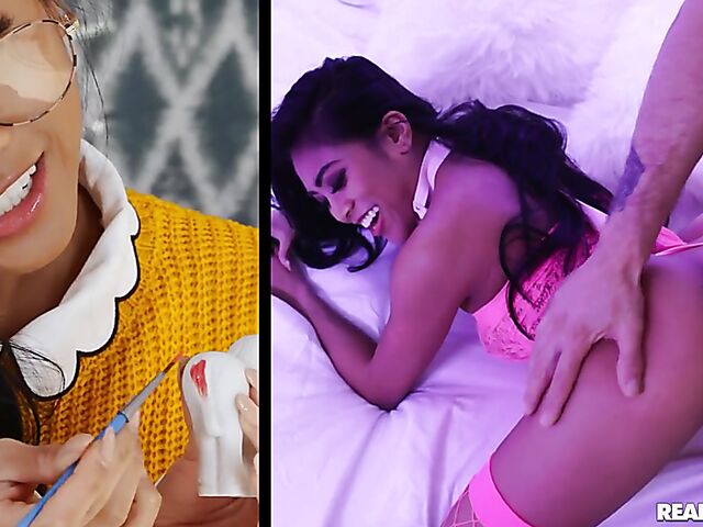 Leash and fishnets sex with submissive asian Ember Snow