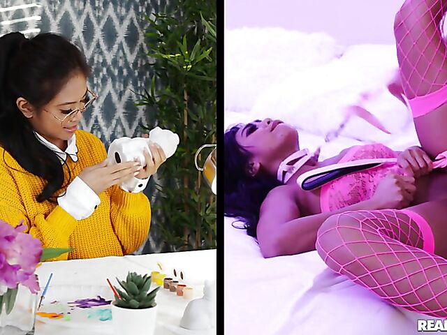 Leash and fishnets sex with submissive asian Ember Snow