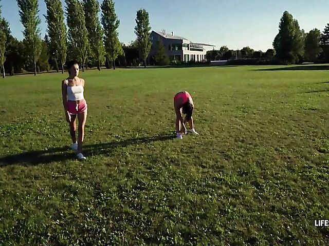 Sporty brunette anal POV in the camp with Sarah Cute