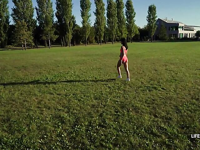 Sporty brunette anal POV in the camp with Sarah Cute