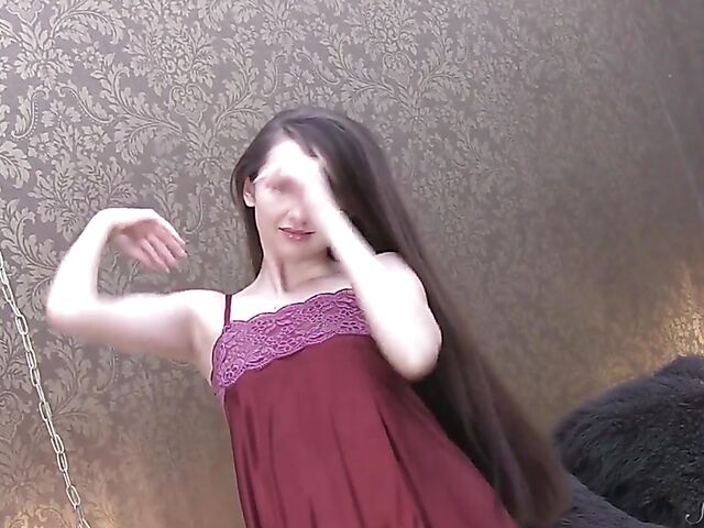 Long hair teen babe Tammy can't keep her hands off her small titties and bald pussy