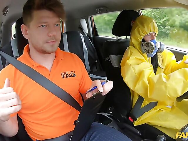 Crazy sex in car with student driver Lexi Dona in hazmat suit and lace lingerie