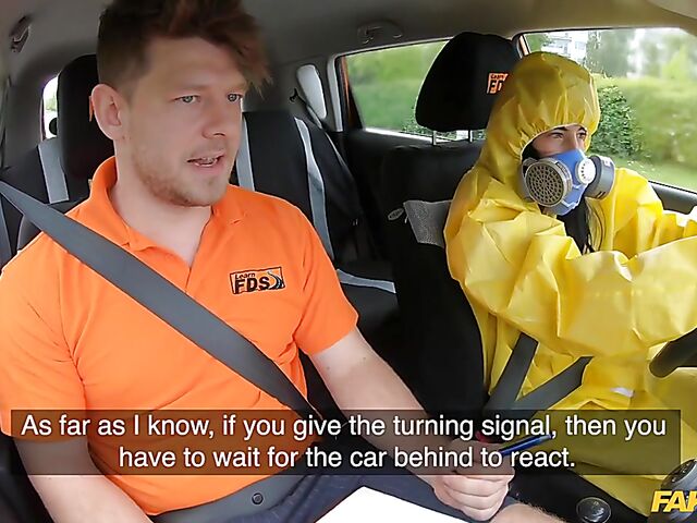 Crazy sex in car with student driver Lexi Dona in hazmat suit and lace lingerie