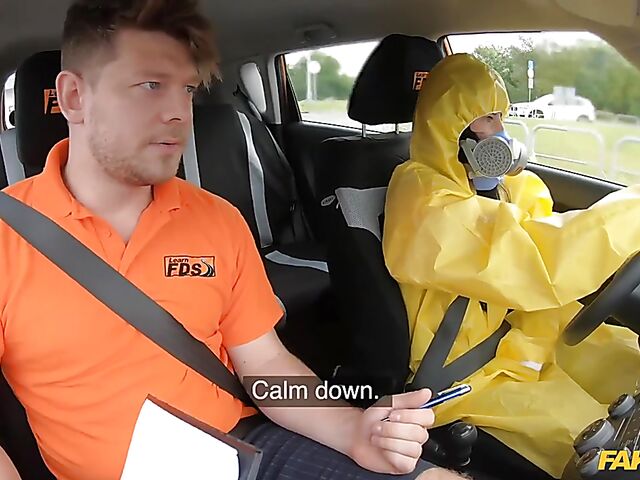 Crazy sex in car with student driver Lexi Dona in hazmat suit and lace lingerie