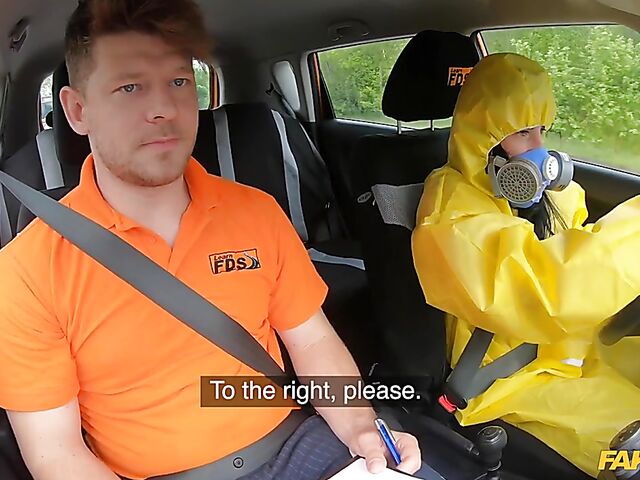Crazy sex in car with student driver Lexi Dona in hazmat suit and lace lingerie