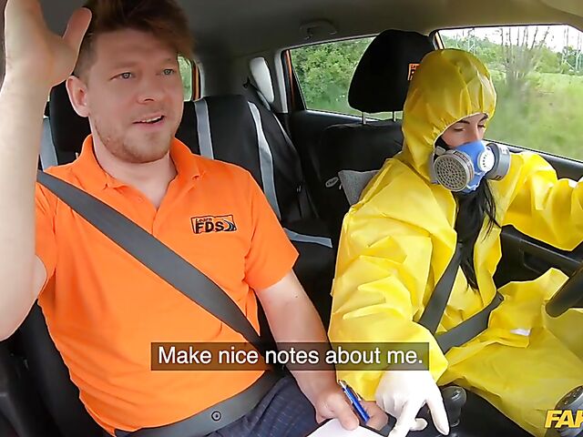 Crazy sex in car with student driver Lexi Dona in hazmat suit and lace lingerie