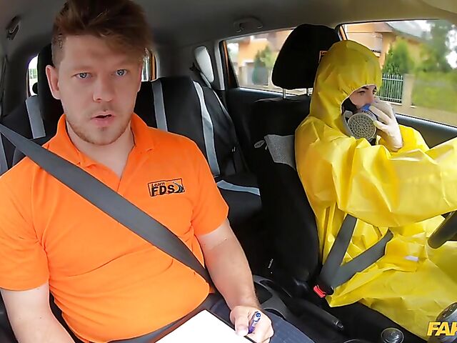 Crazy sex in car with student driver Lexi Dona in hazmat suit and lace lingerie