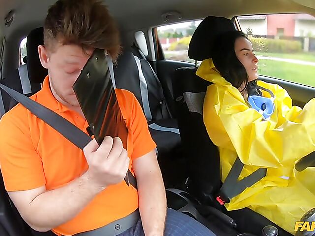 Crazy sex in car with student driver Lexi Dona in hazmat suit and lace lingerie