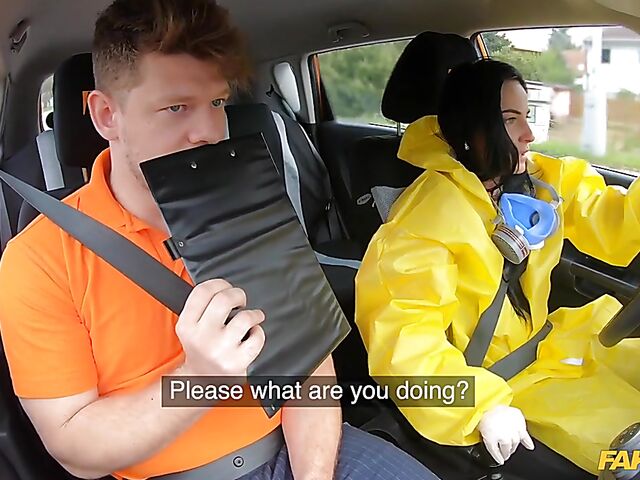 Crazy sex in car with student driver Lexi Dona in hazmat suit and lace lingerie
