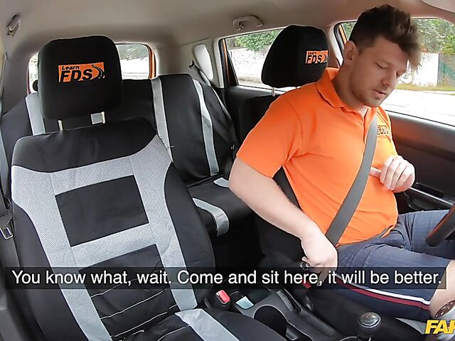 Crazy sex in car with student driver Lexi Dona in hazmat suit and lace lingerie