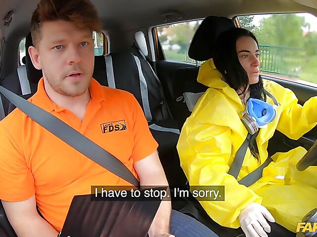 Crazy sex in car with student driver Lexi Dona in hazmat suit and lace lingerie